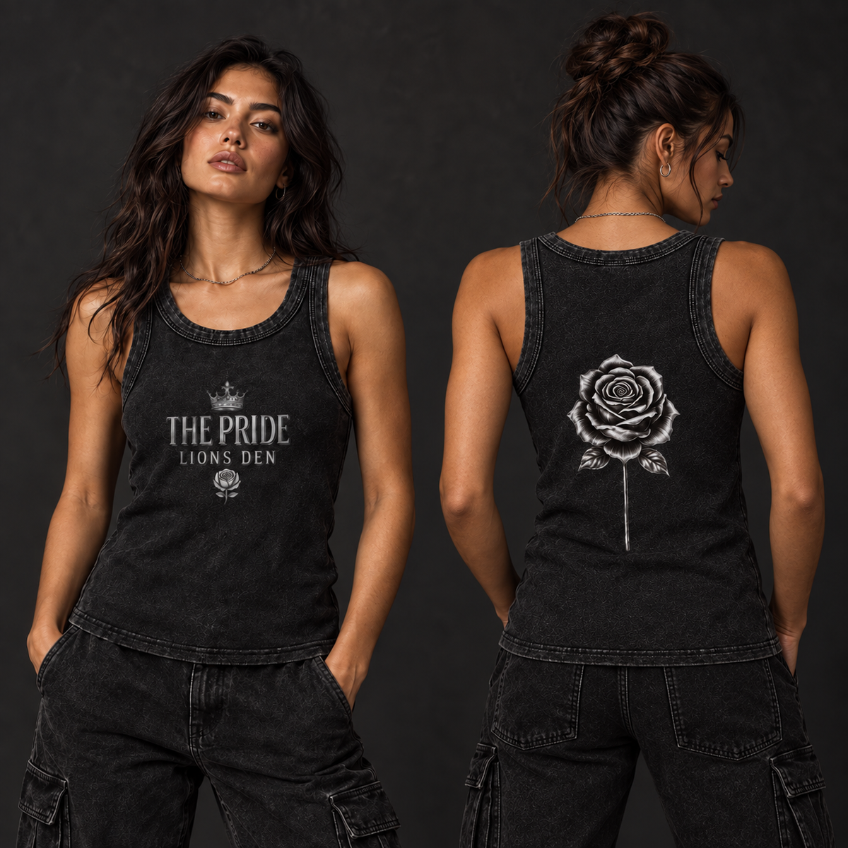 Women modeling The Pride Rose snow-wash tank, front and back