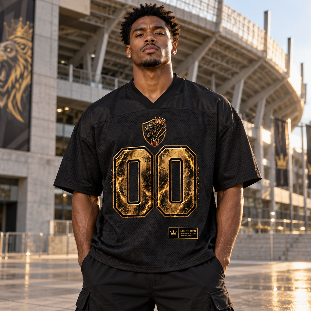 Royal 00 Shield oversized mesh soccer jersey on model