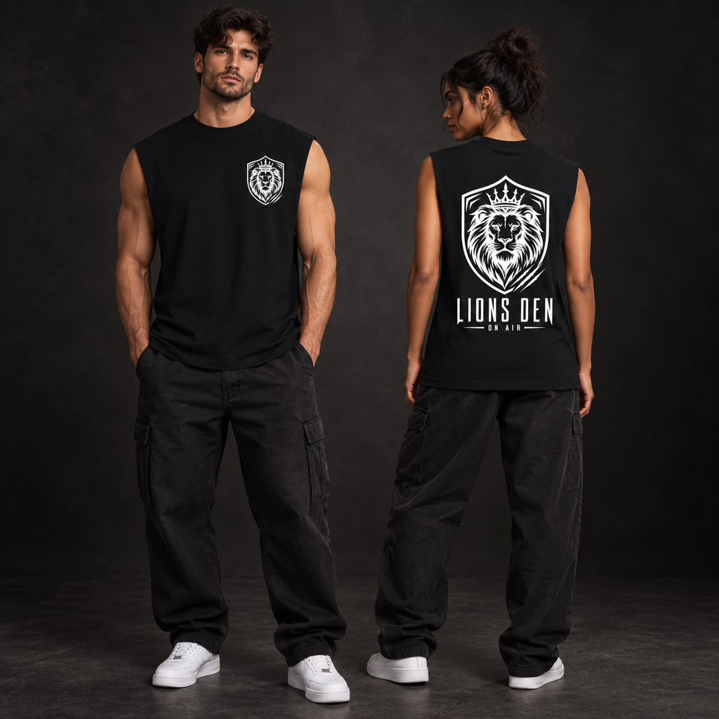 Two models wearing the black Lions Den Royal Lion Shield raw-edge cotton tank, shown from the front and back