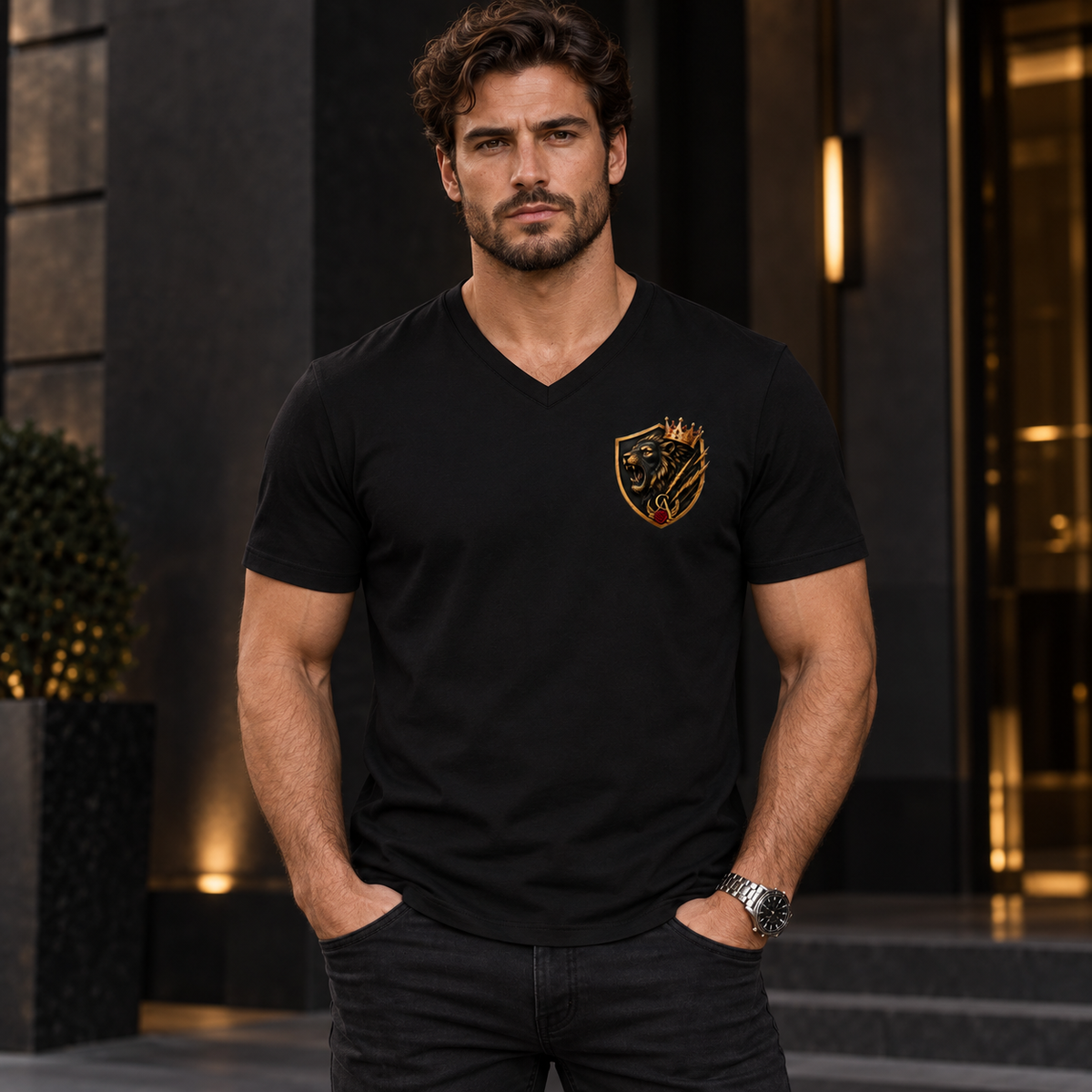 Royal Shield men's V-neck tee on model