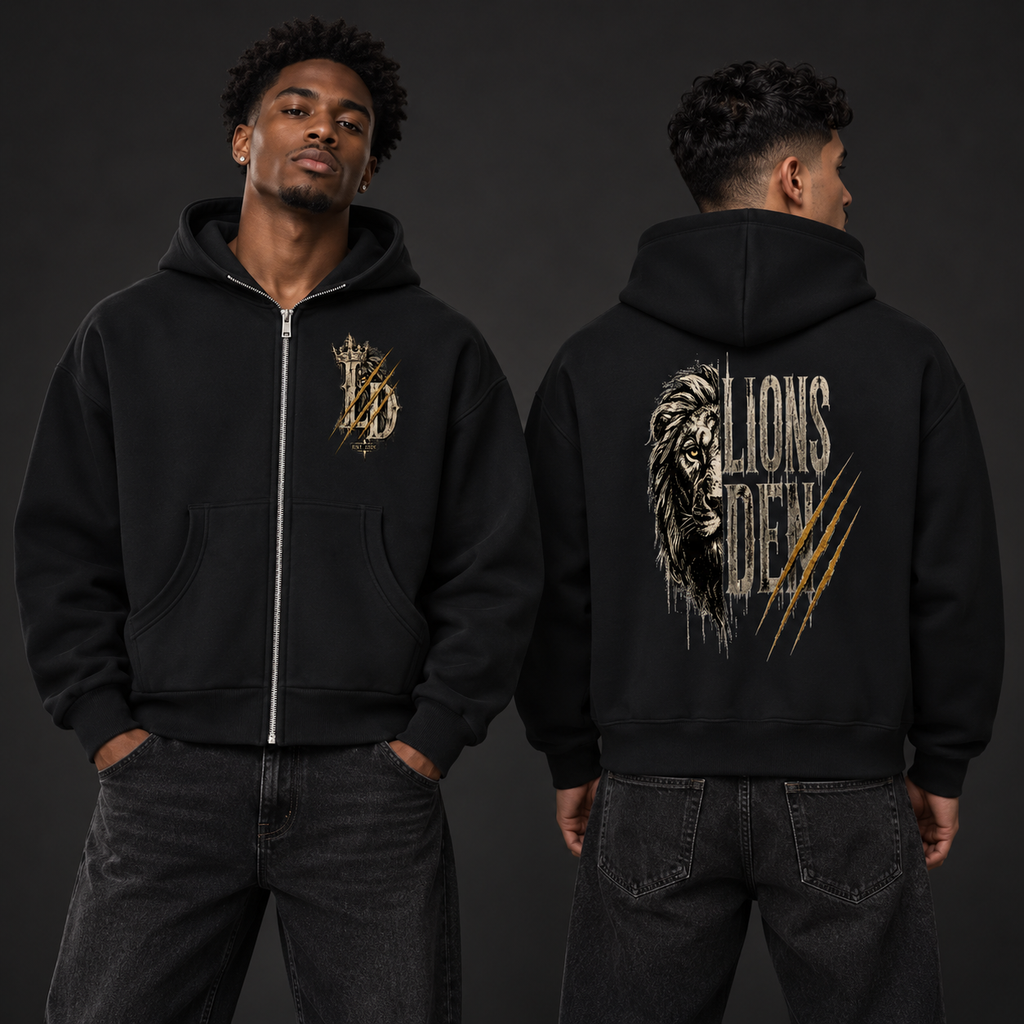 Models showing front and back of the black Lions Den Scratch Lion boxy full-zip hoodie