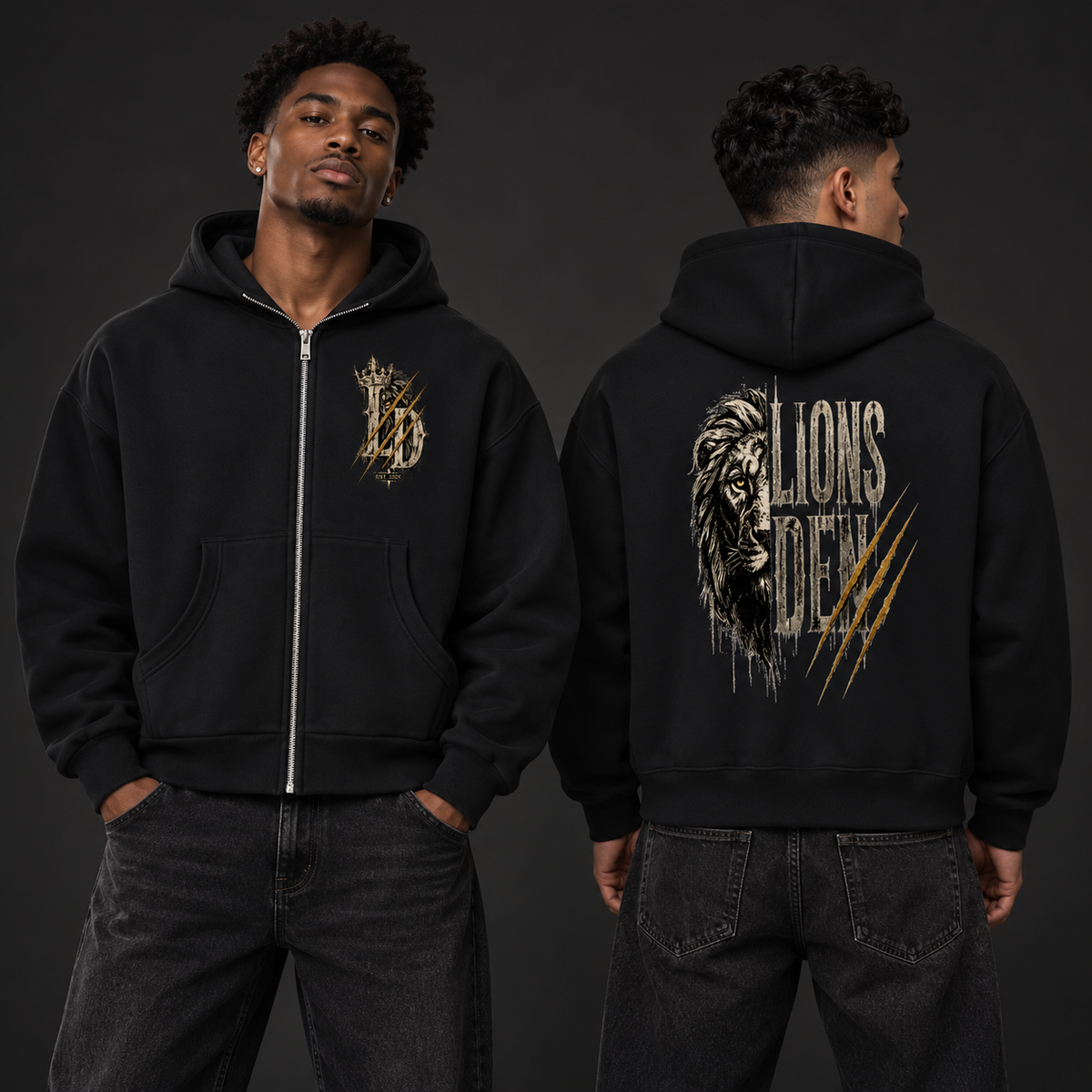 Models showing front and back of the black Lions Den Scratch Lion boxy full-zip hoodie