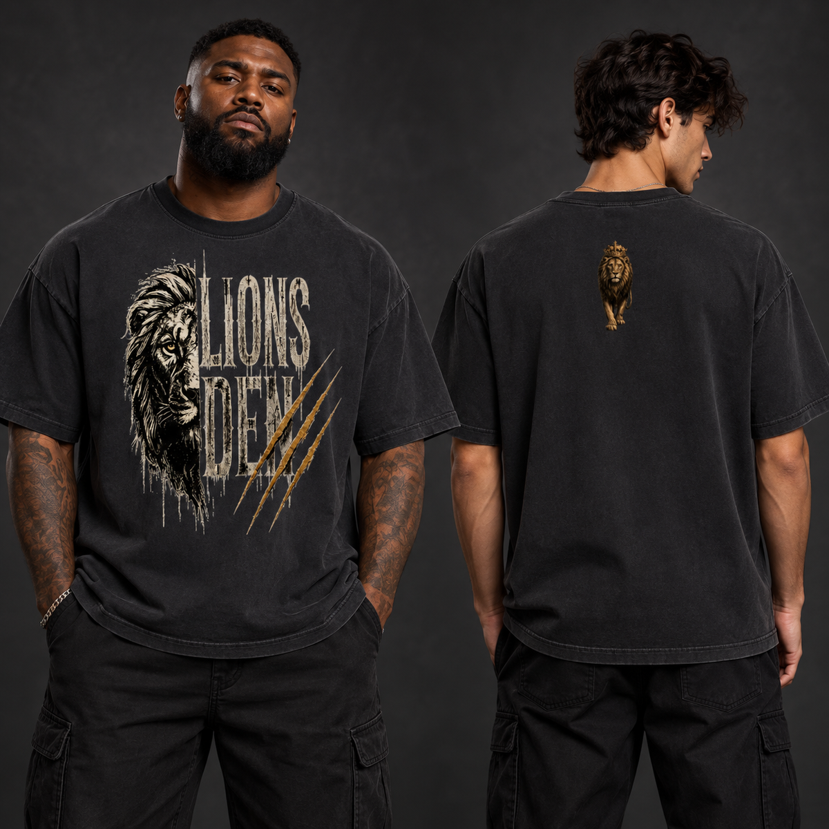 Models showing front and back of the Lions Den Scratch Lion vintage-wash oversized tee