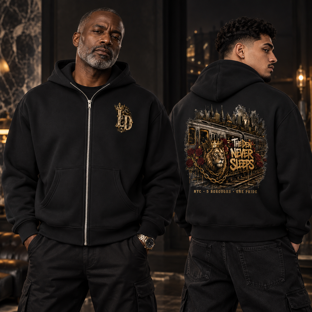 Models showing front and back of the black Lions Den subway Never Sleeps boxy full-zip hoodie