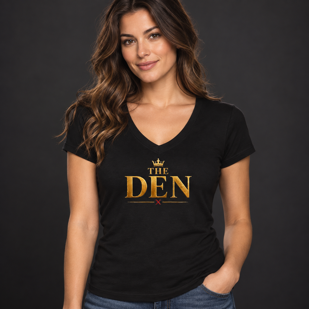 The Den Crown Tencel Slim-Fit V-Neck Tee on model