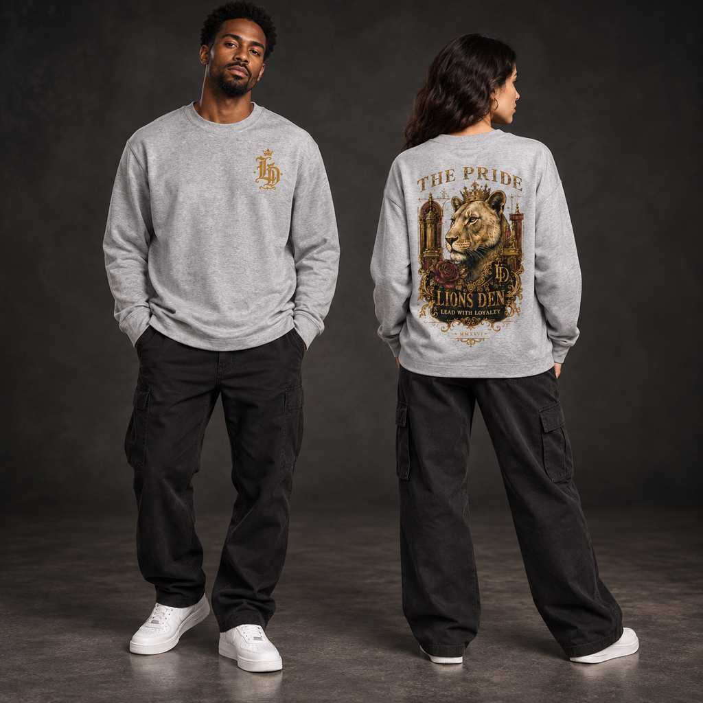 Two models wearing the heather-gray Lions Den The Pride City Lion crewneck long-sleeve top, shown from the front and back