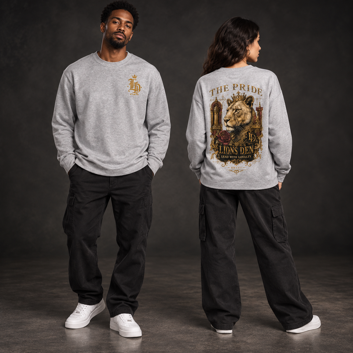 Two models wearing the heather-gray Lions Den The Pride City Lion crewneck long-sleeve top, shown from the front and back