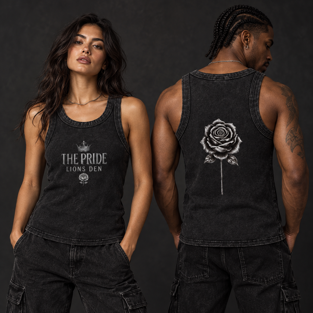 Two models wearing the black Lions Den The Pride Rose snow-wash tank, shown from the front and back