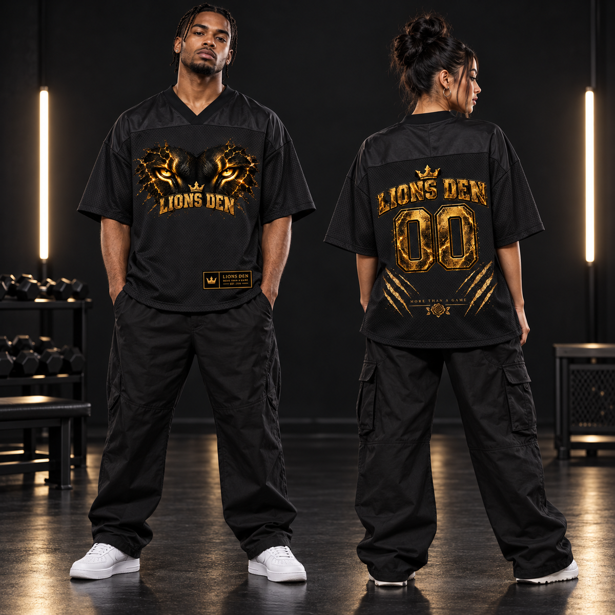Two models wearing the black Lions Den Twin Lion Eyes 00 oversized mesh soccer jersey, shown from the front and back