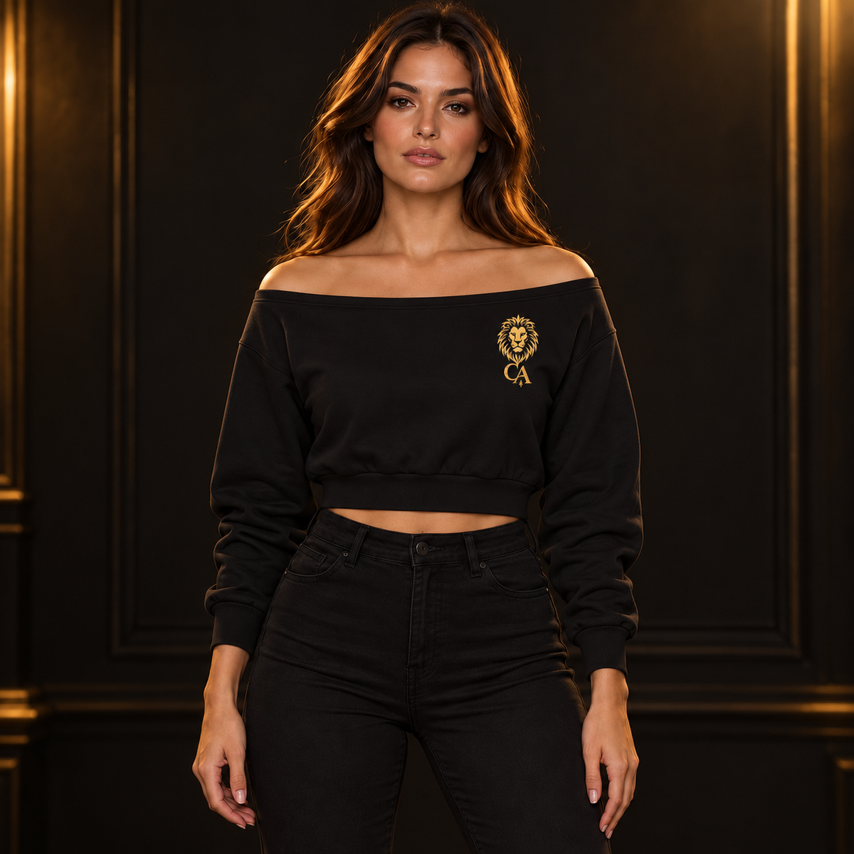 Female model wearing black Lions Den off-shoulder sweatshirt